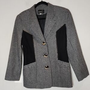 Italian Wool Studded Black Grey Houndstooth Plaid Blazer Size Large